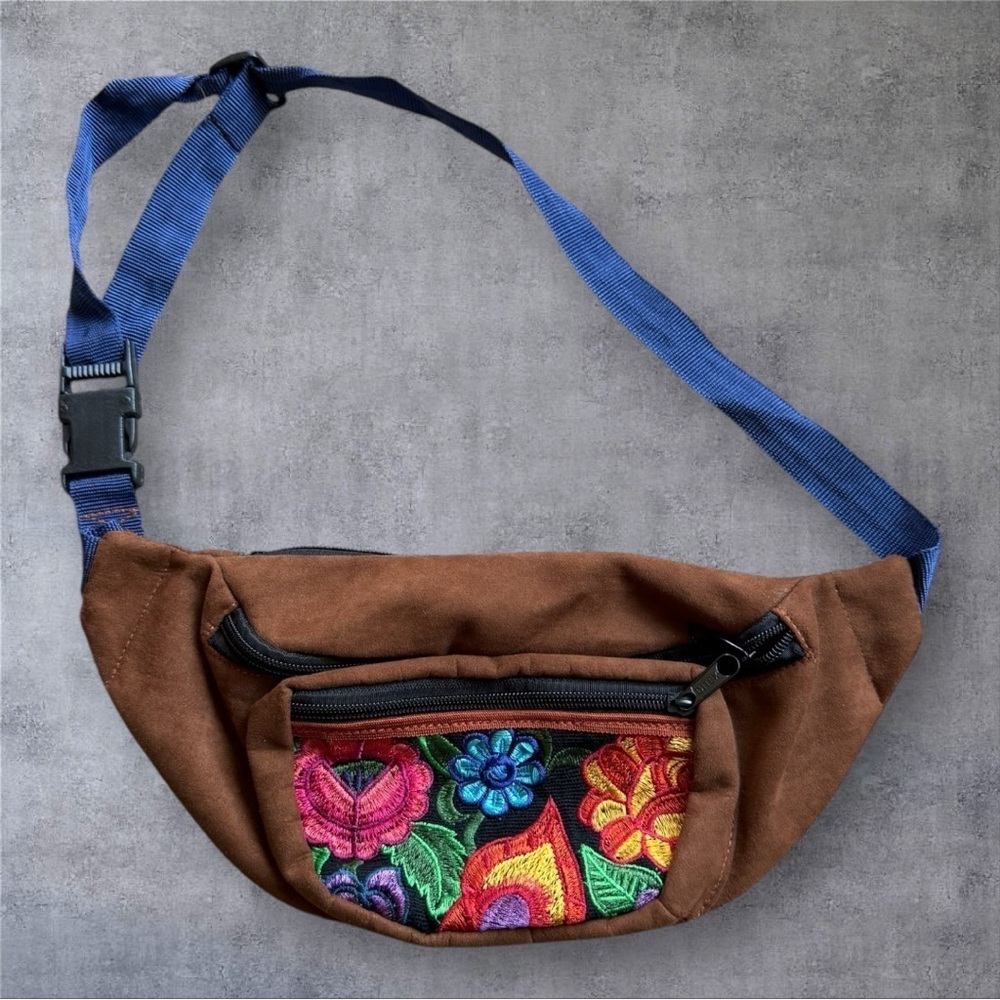 Boho Suede Fanny Pack with Colorful Floral Embroidery